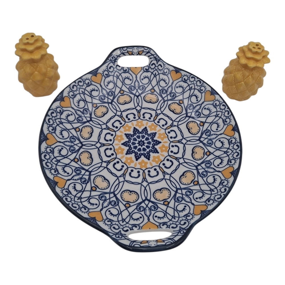 Decorative Blue and Yellow Ceramic Plate with Pineapple Salt & Pepper Shakers